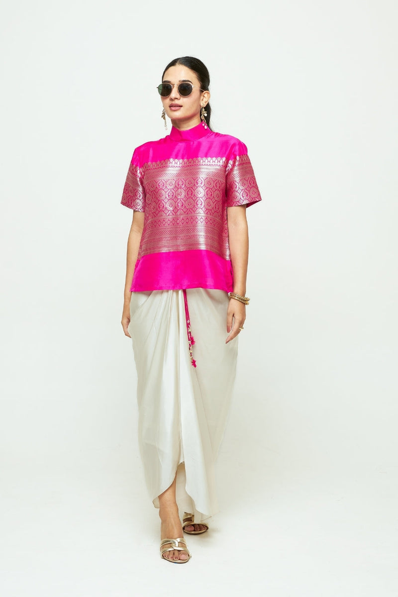 Raysa-Statement Brocade Top Skirt Set-Pink silk indo-western by SOBARIKO in pink, ivory for women in Singapore