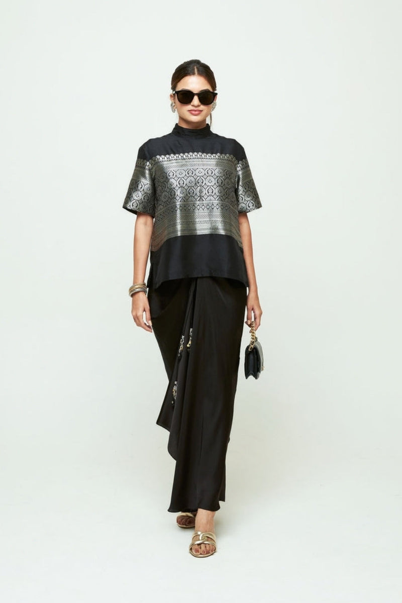 Raysa-Statement Brocade Top Skirt Set-Black silk indo-western by SOBARIKO in black for women in Singapore