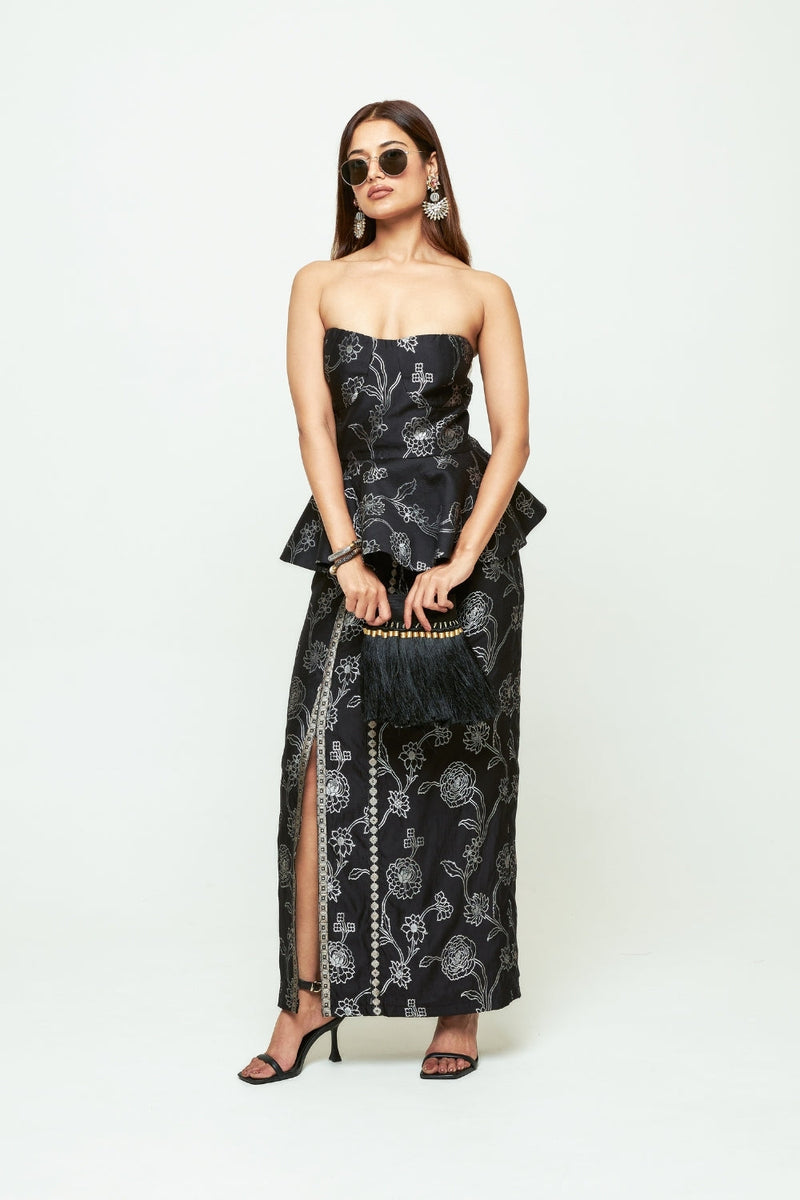 Rosa-Brocade Peplum Skirt Set-Black silk indo-western by SOBARIKO in black for women in Singapore