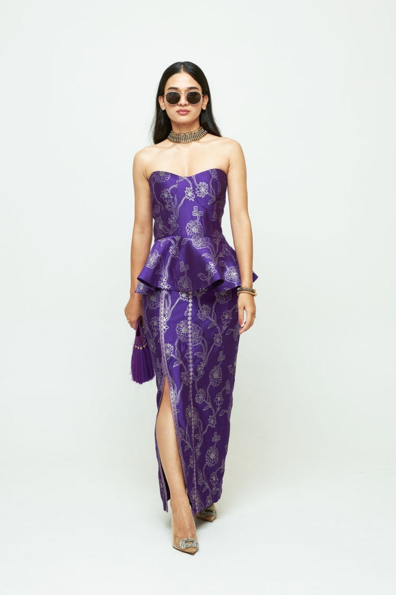 Rosa-Brocade Peplum Skirt Set-Purple silk indo-western by SOBARIKO in purple for women in Singapore