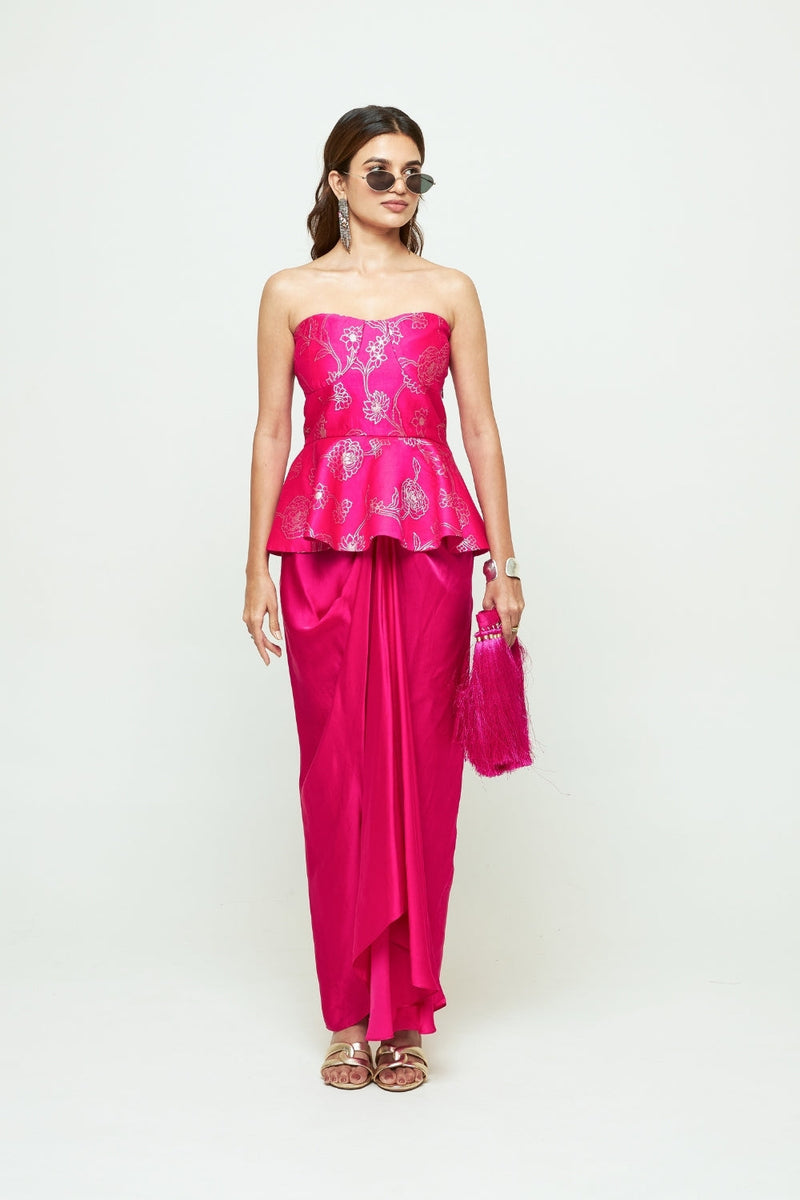 Rosa-Brocade Peplum Draped Skirt Set-Pink silk, modal satin indo-western by SOBARIKO in pink for women in Singapore