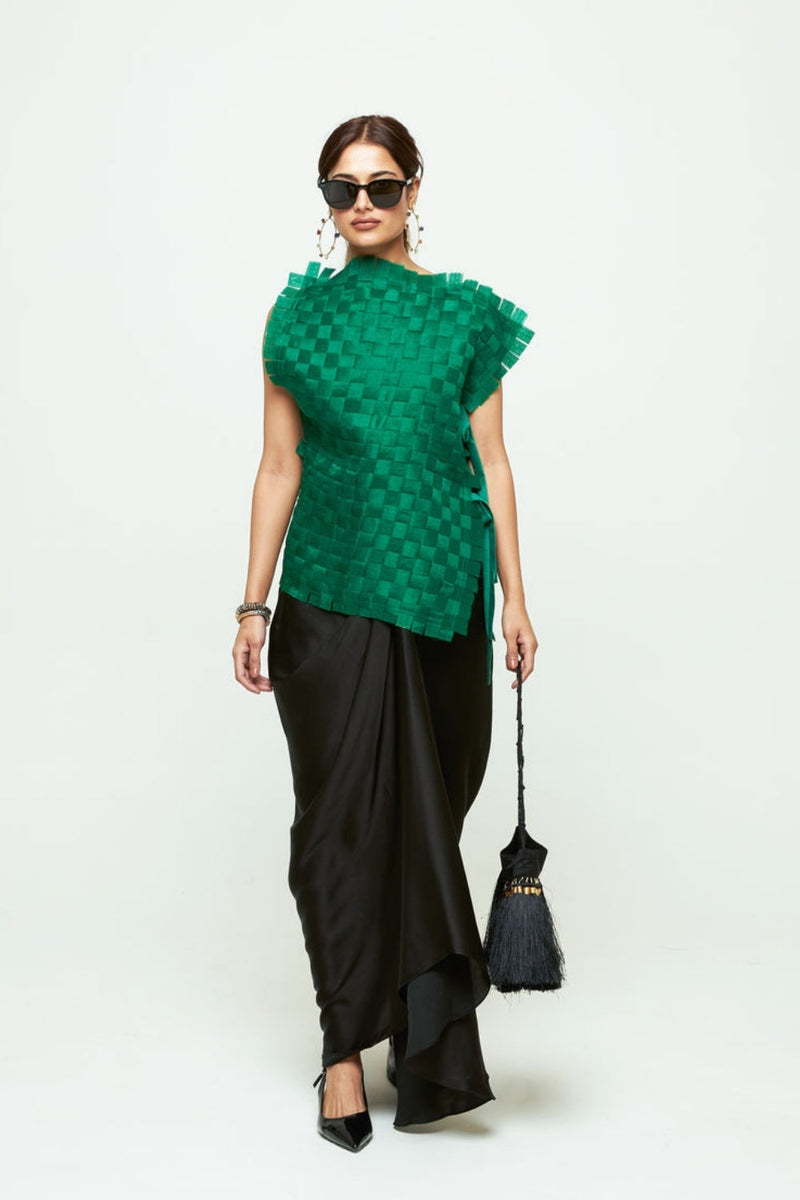 Isa Assymentrical Textured Top Skirt Set-Green organza, modal satin indo-western by SOBARIKO in green, black for women in Singapore