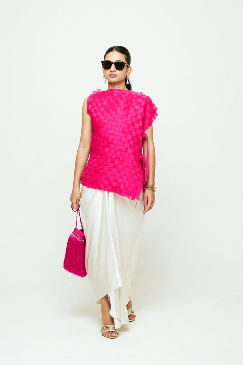 Isa Assymentrical Textured Top Skirt Set-Pink organza, modal satin indo-western by SOBARIKO in pink, ivory for women in Singapore