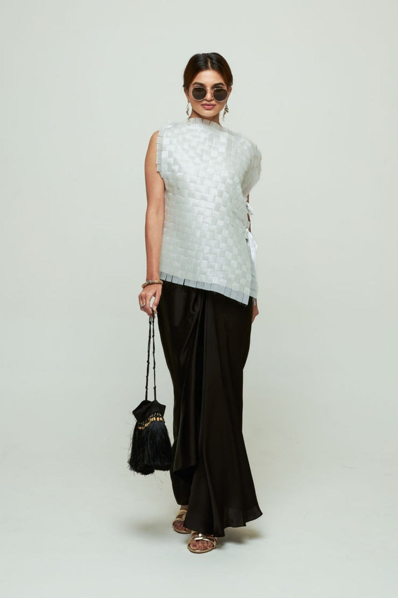 Isa Assymentrical Textured Top Skirt Set-Ivory organza, modal satin indo-western by SOBARIKO in ivory, black for women in Singapore