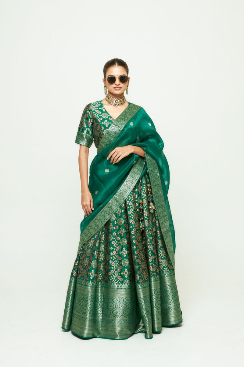 Meenaxi Lehenga Set-Green silk, organza lehenga sets by SOBARIKO for women in Singapore