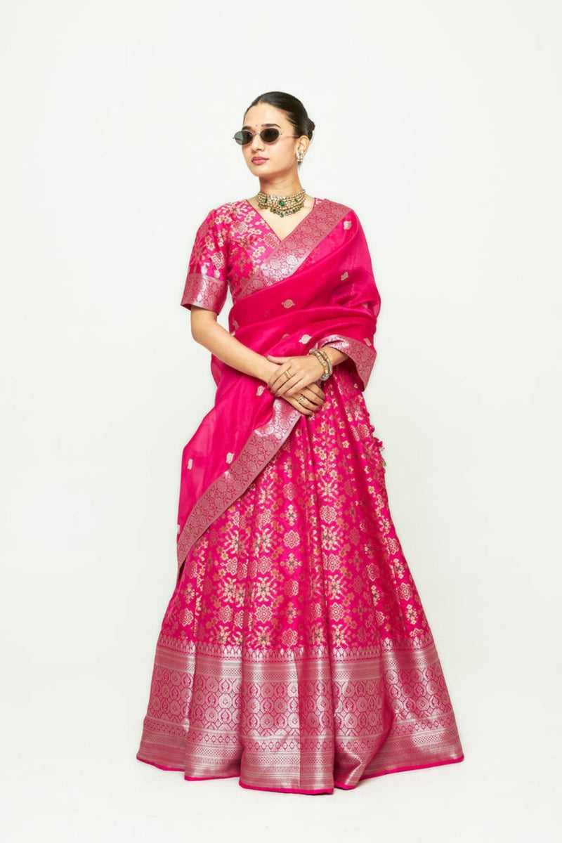 Meenaxi Lehenga Set-Pink silk, organza lehenga sets by SOBARIKO for women in Singapore