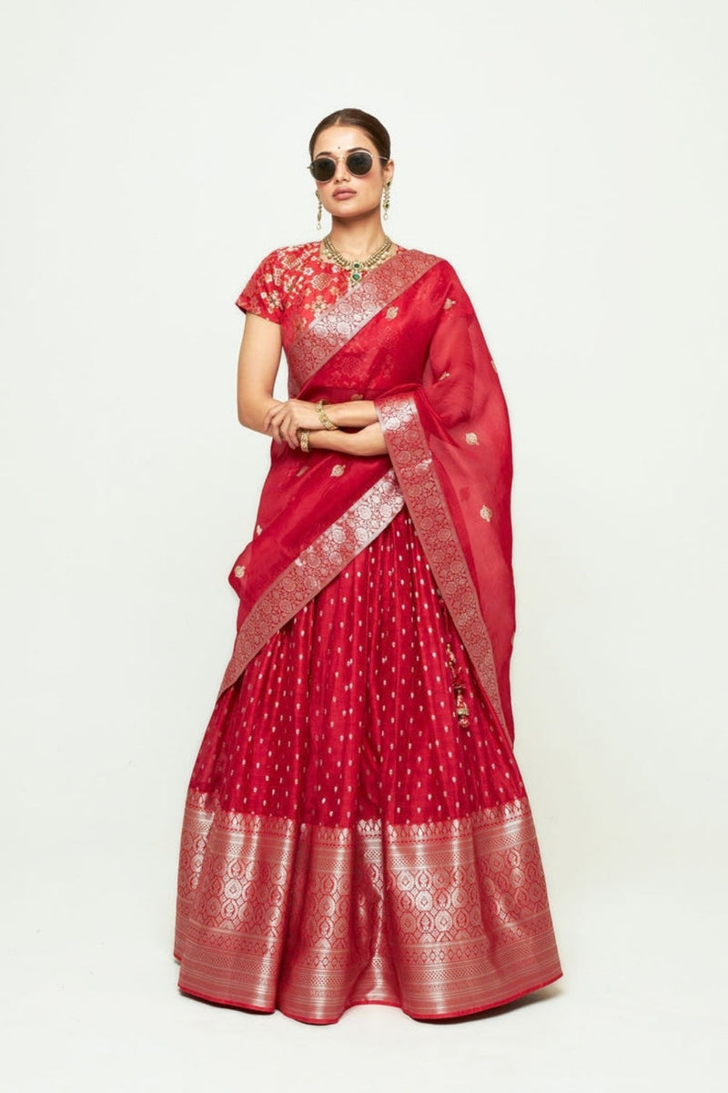 Mana Lehenga Set-Red silk, chanderi silk lehenga sets by SOBARIKO for women in Singapore