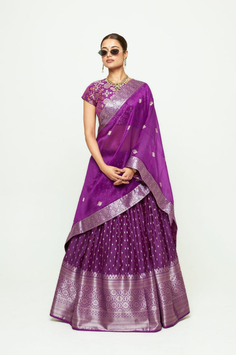 Mana Lehenga Set-Purple silk, chanderi silk lehenga sets by SOBARIKO for women in Singapore