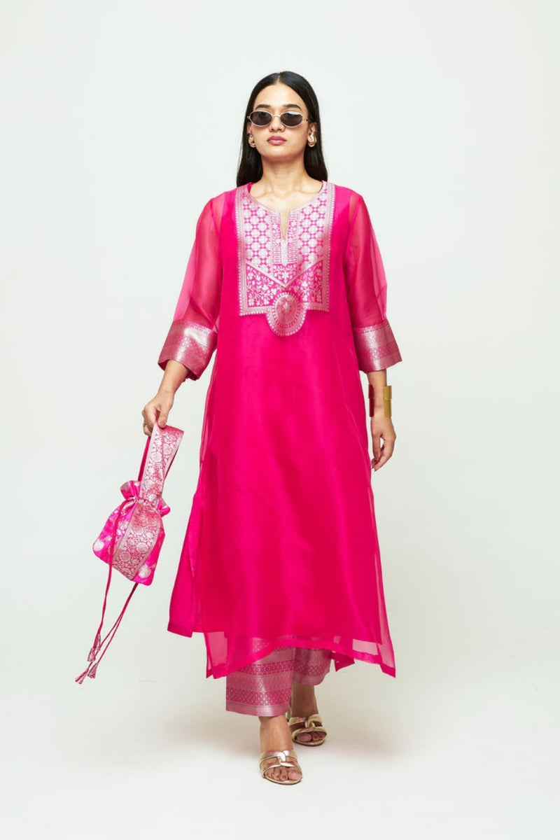 Mehar Pink Organza Tunic Set organza, silk kurta/kurta set by SOBARIKO for women in Singapore