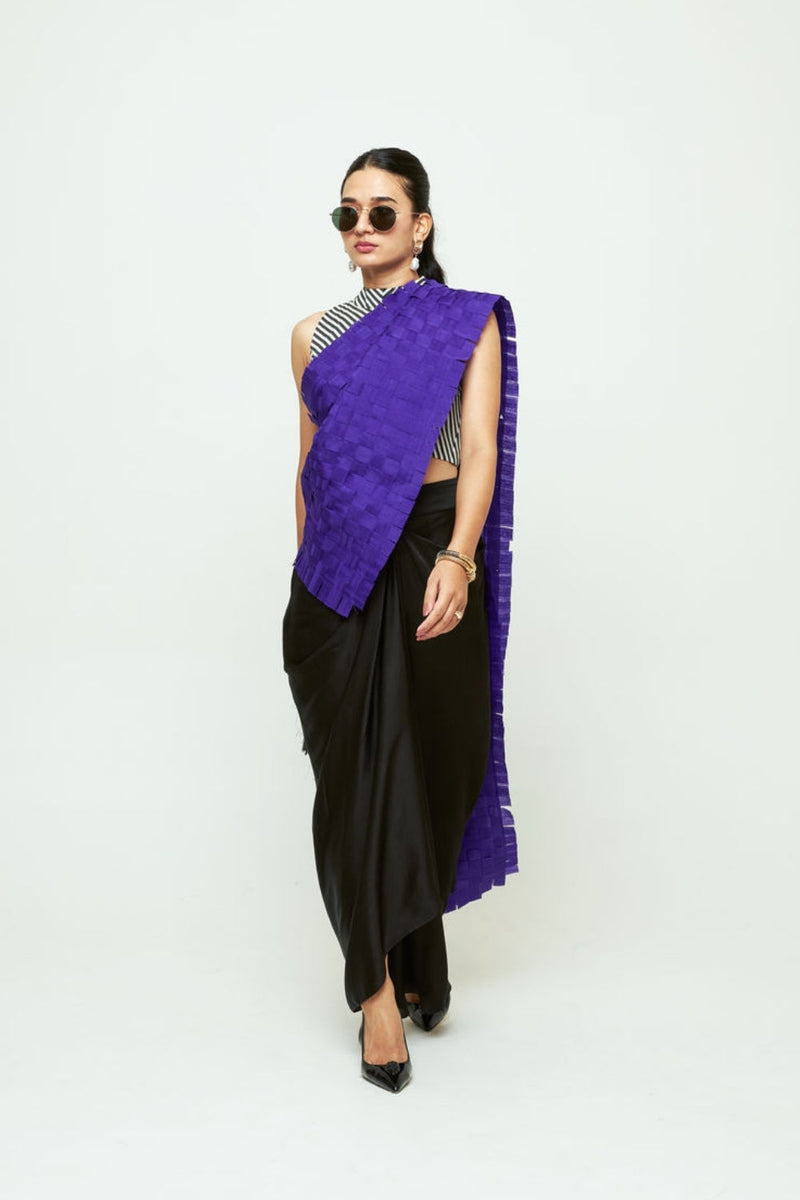 Isa Textured Saree Skirt Set-Ultramarine organza, modal satin saree by SOBARIKO in black for women in Singapore