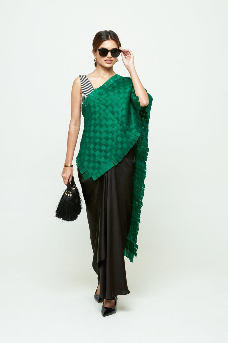 Isa Textured Saree Skirt Set-Green organza, modal satin saree by SOBARIKO in green, black for women in Singapore