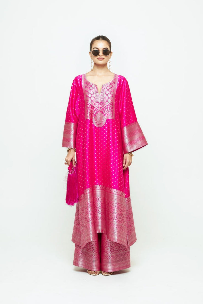 Noor-Contemporary Brocade Kurta With Pants-Pink silk kurta/kurta set by SOBARIKO in pink for women in Singapore