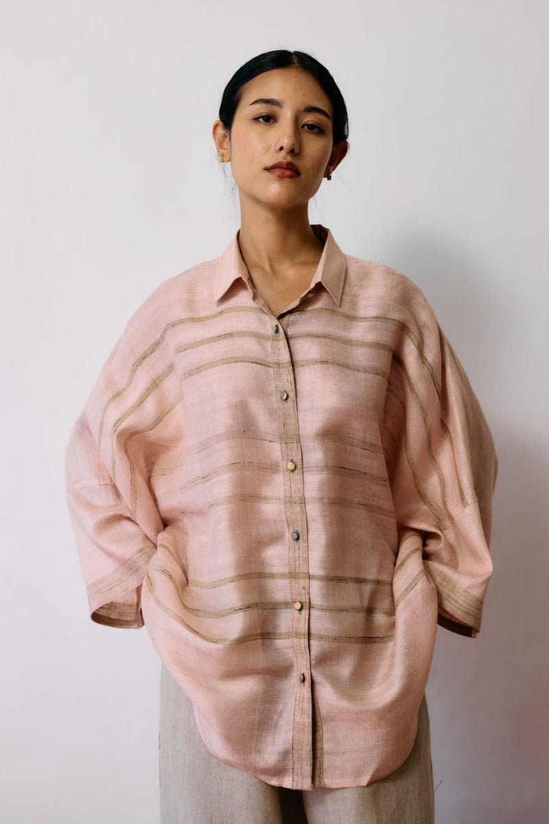 Ines Handwoven Tussar Silk Shirt-Ecru Pink tussar katiya silk top/shirt by Manan in natural for women in Singapore