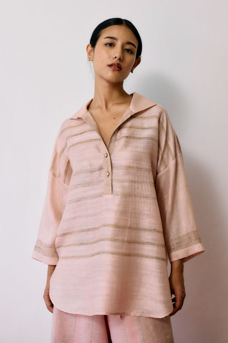 Dayana Handwoven Tussar Silk Top-Ecru Pink tussar katiya silk top/shirt by Manan in natural for women in Singapore