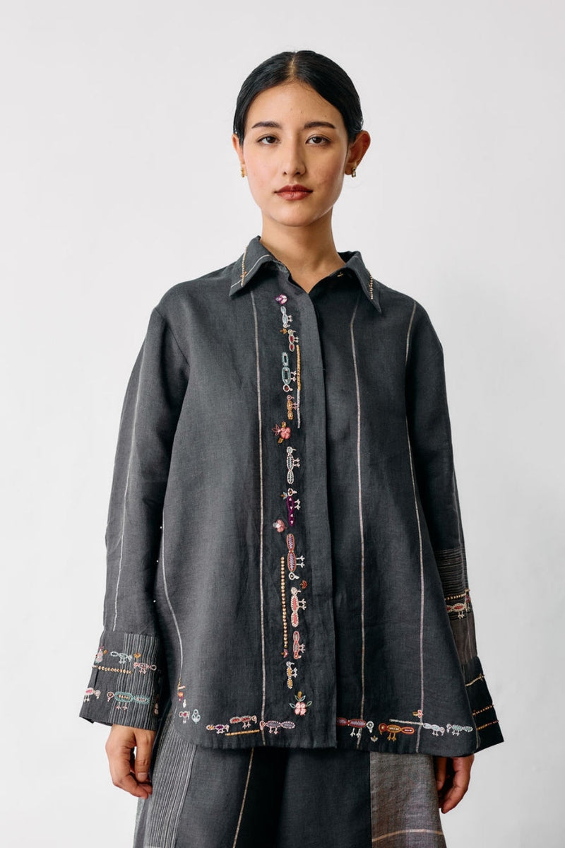 Hanat Hand-Embroidered Bird Shirt-Charcoal linen top/shirt by Manan in black for women in Singapore