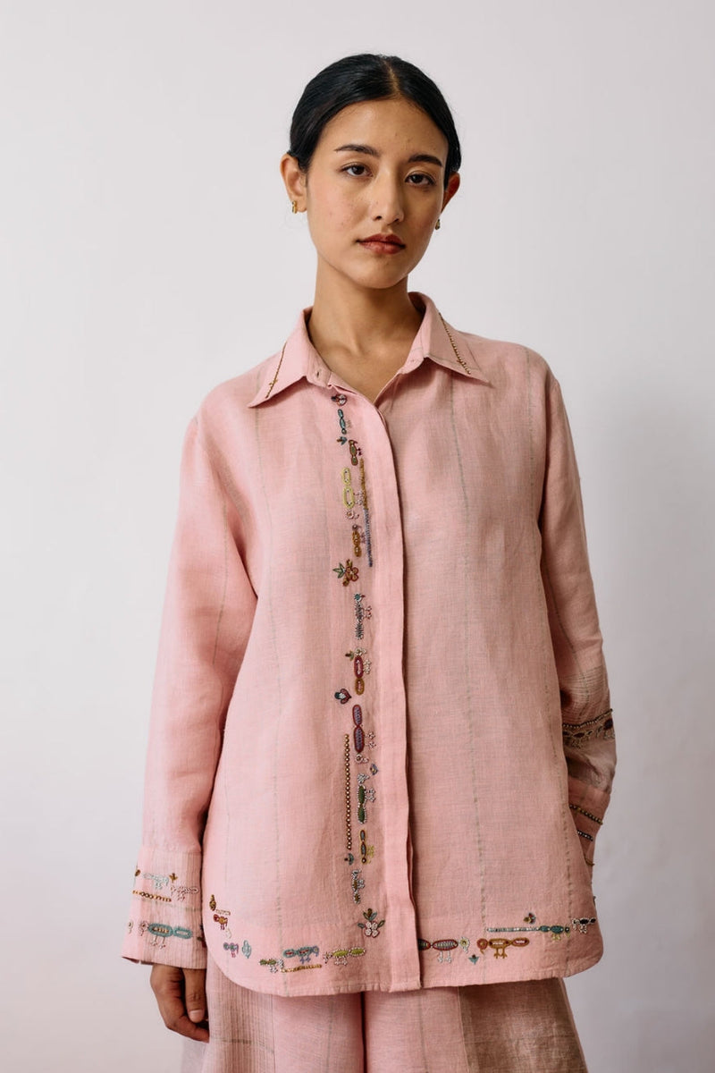 Hanat Hand-Embroidered Bird Shirt-Pink linen top/shirt by Manan in pink for women in Singapore