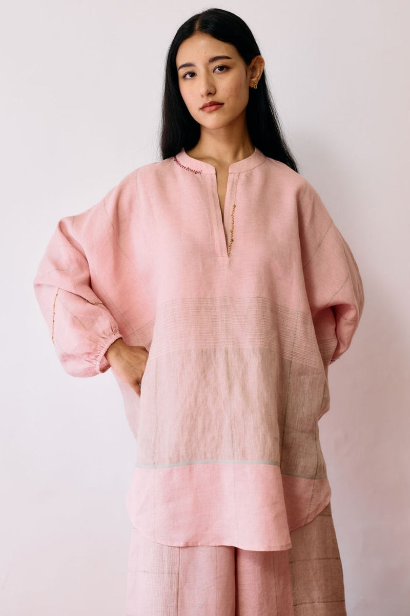 Raza Metallic Linen Top-Pink linen top/shirt by Manan in pink for women in Singapore
