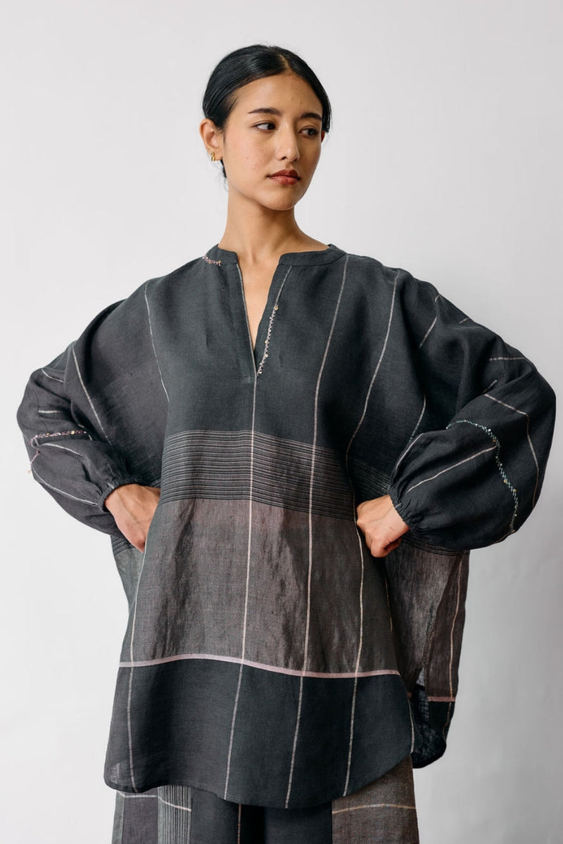 Raza Metallic Linen Top-Charcoal linen top/shirt by Manan in black for women in Singapore