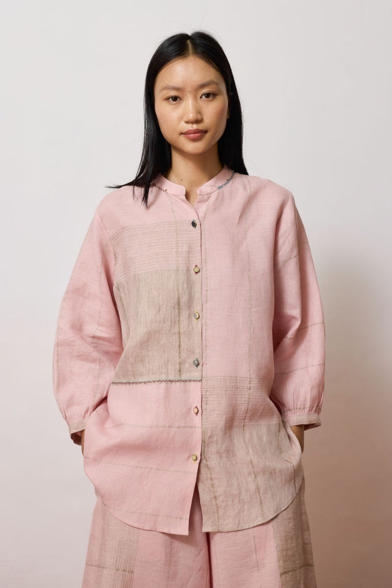 Rin Metallic Linen Shirt-Pink linen top/shirt by Manan in pink for women in Singapore