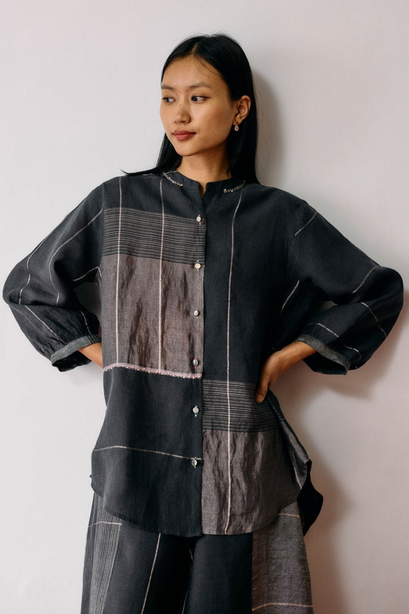Rin Metallic Linen Shirt-Charcoal linen top/shirt by Manan in black for women in Singapore