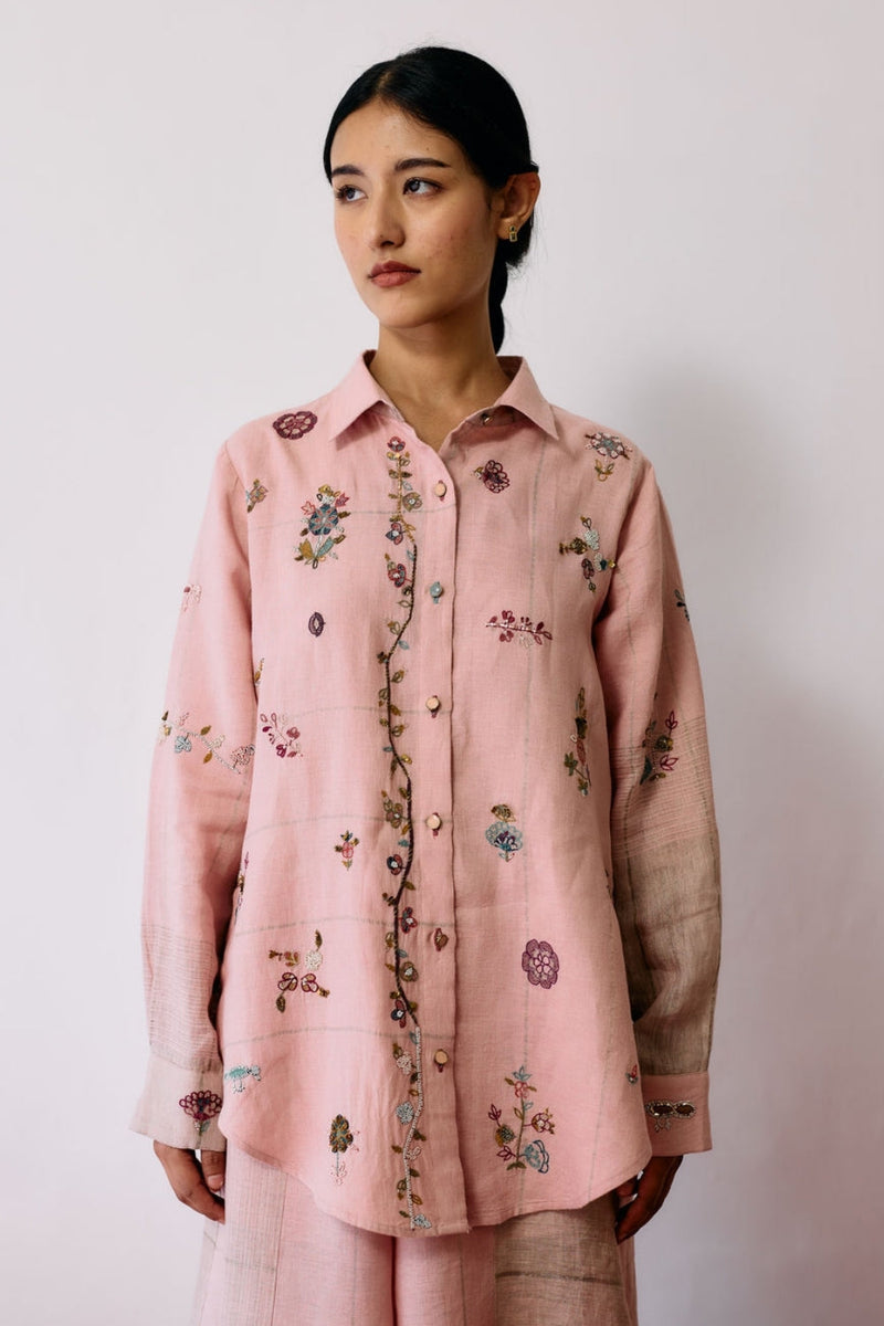 Mansa Floral Hand-Embroidered Shirt-Pink linen top/shirt by Manan in pink for women in Singapore