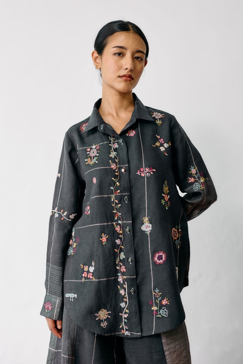 Mansa Floral Hand-Embroidered Shirt-Charcoal linen top/shirt by Manan in black for women in Singapore