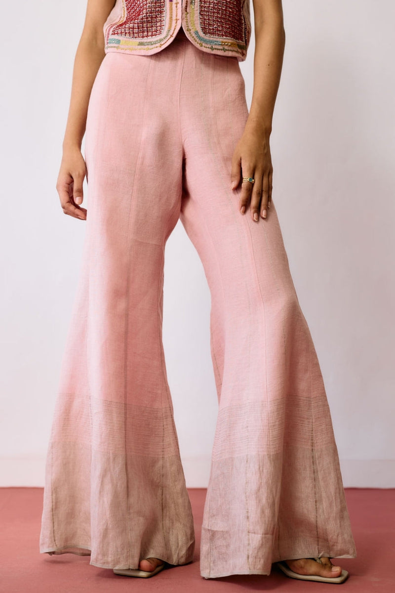 Tala Metallic Linen Sharara Pants-Pink linen pant/trousers by Manan in pink for women in Singapore