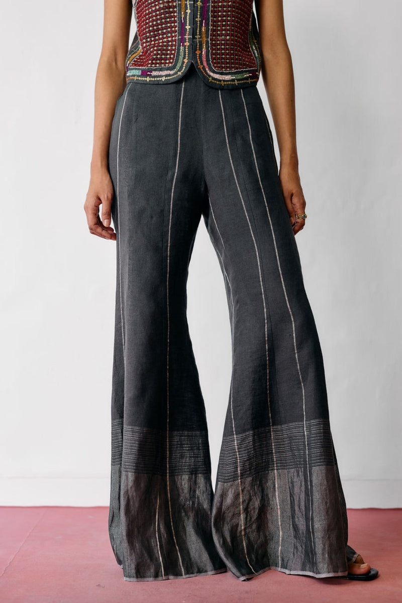 Tala Metallic Linen Sharara Pants-Charcoal linen pant/trousers by Manan in black for women in Singapore
