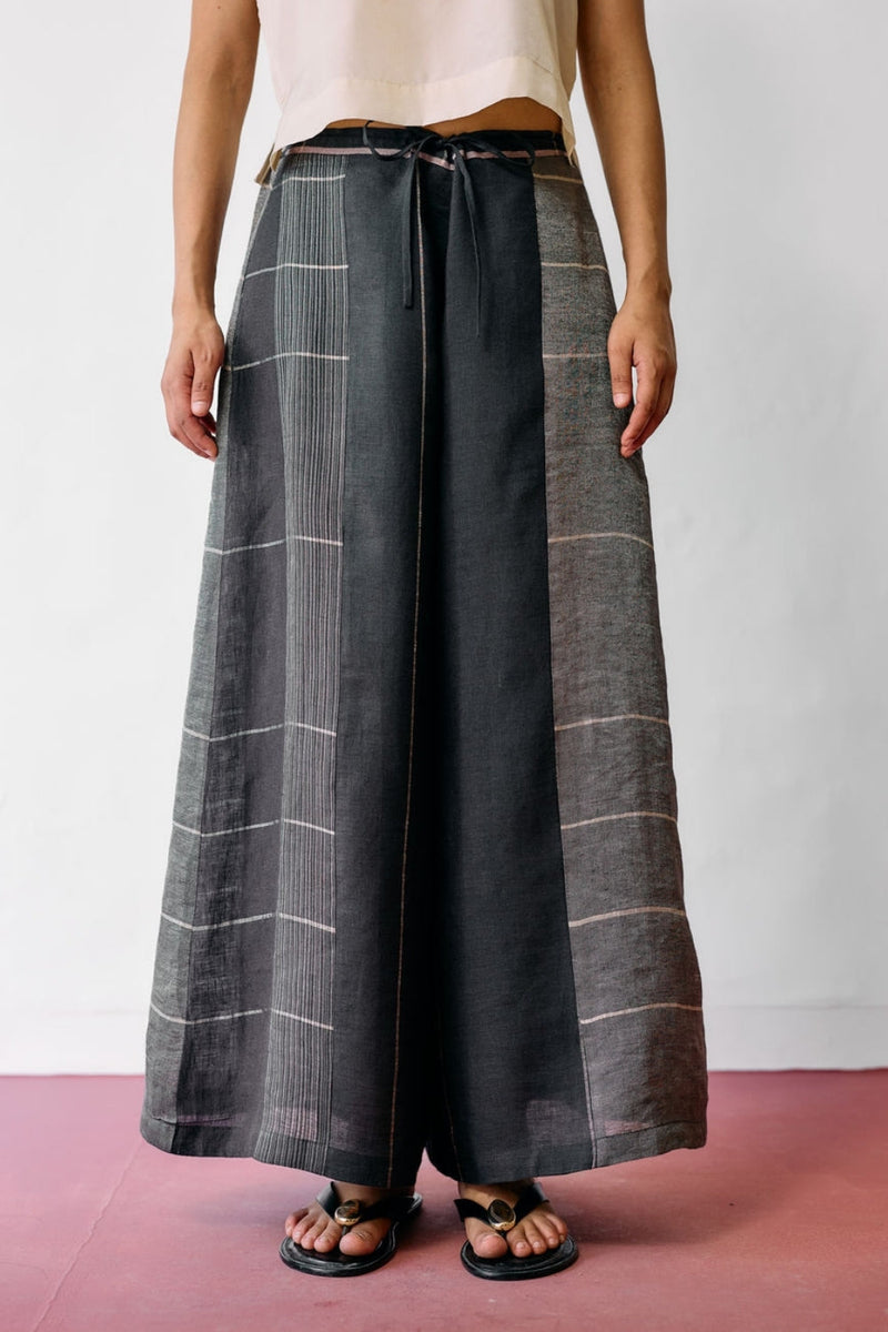 Sera Wide-Leg Metallic Linen Pants-Charcoal linen pant/trousers by Manan in black for women in Singapore