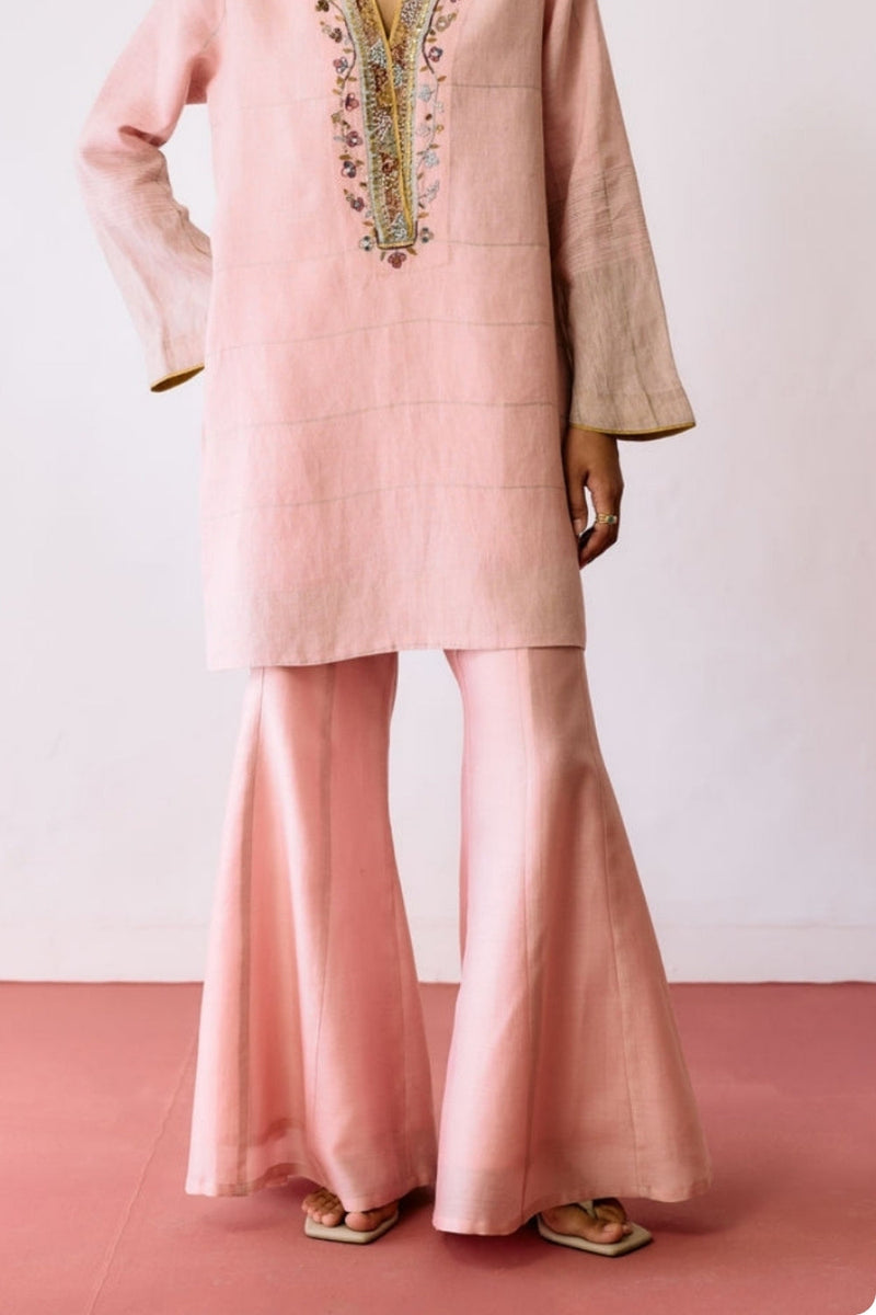 Reva Silk Chanderi Sharara Pants-Pink silk chanderi pant/trousers by Manan in pink for women in Singapore