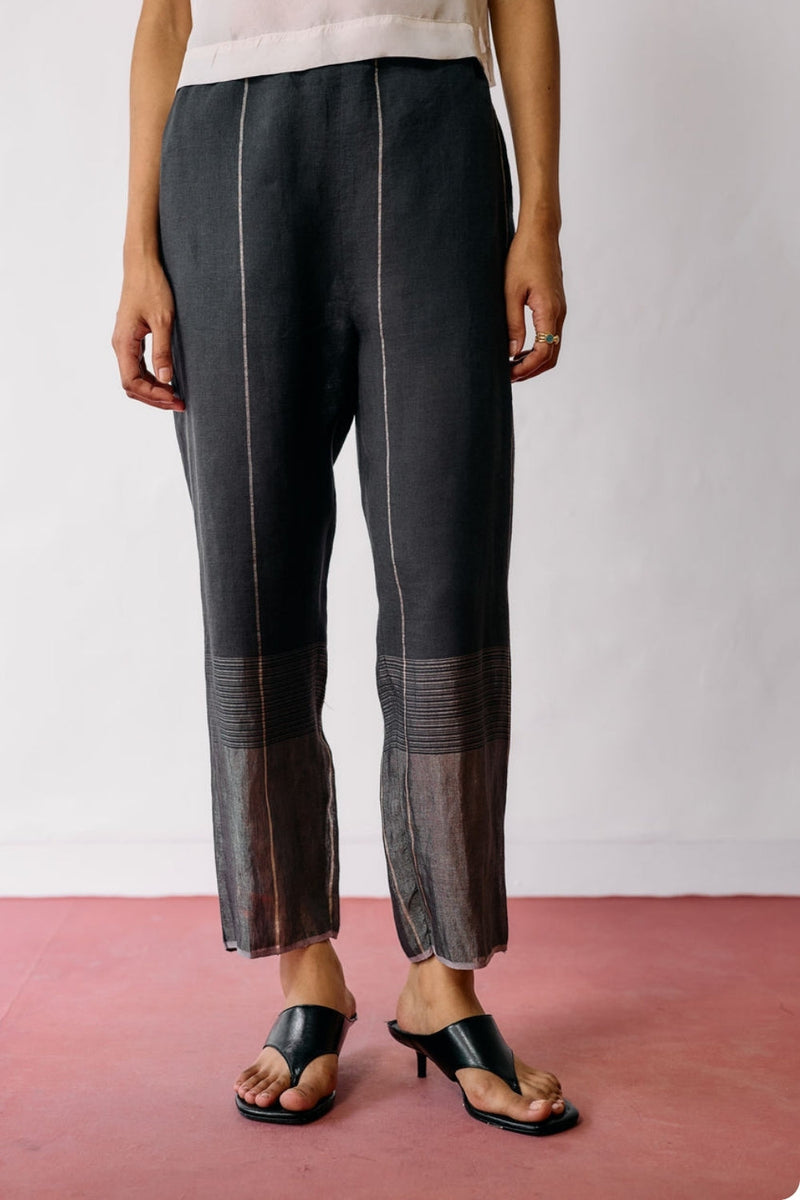 Nila Tapered Metallic Linen Pants-Charcoal linen pant/trousers by Manan in black for women in Singapore