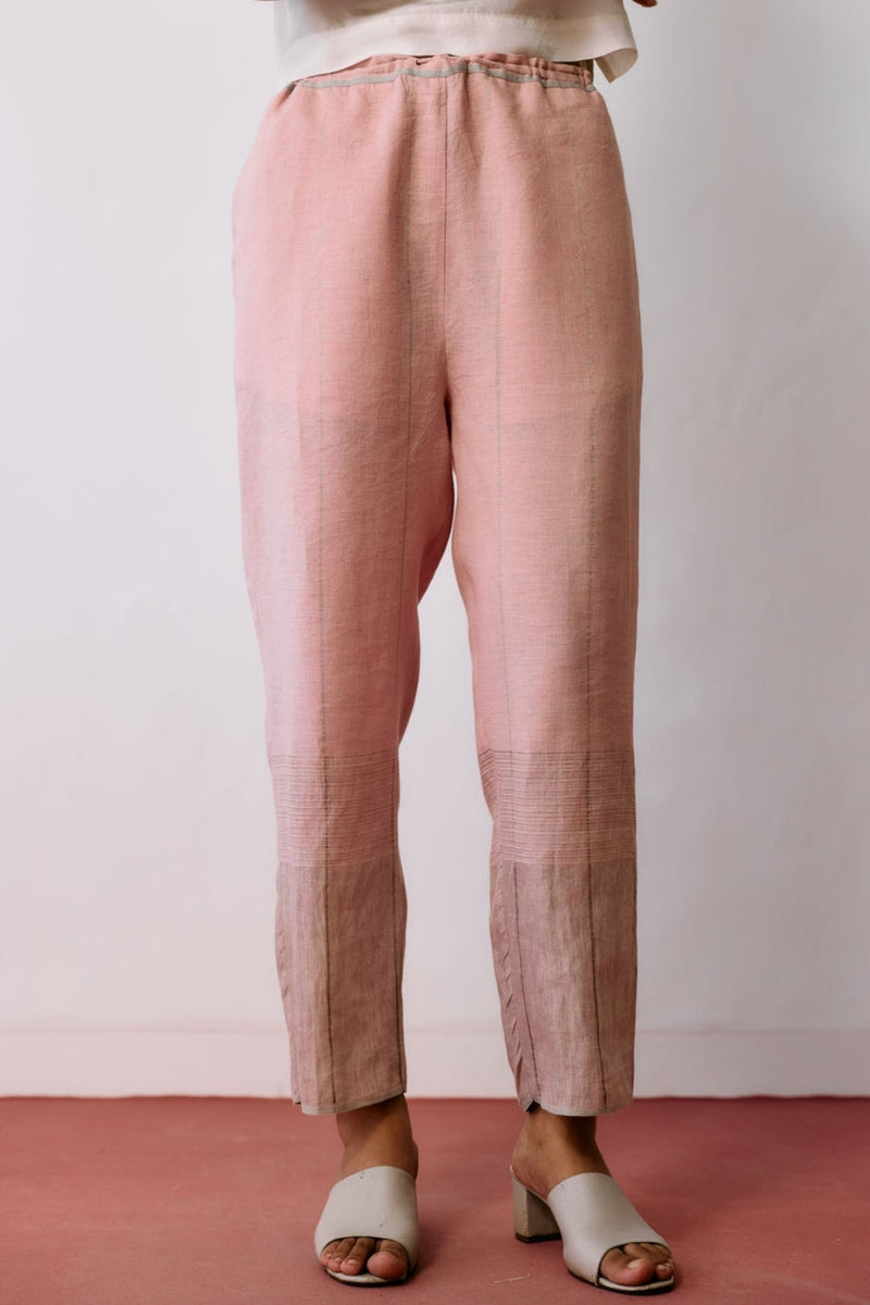 Nila Tapered Metallic Linen Pants-Pink linen pant/trousers by Manan in pink for women in Singapore