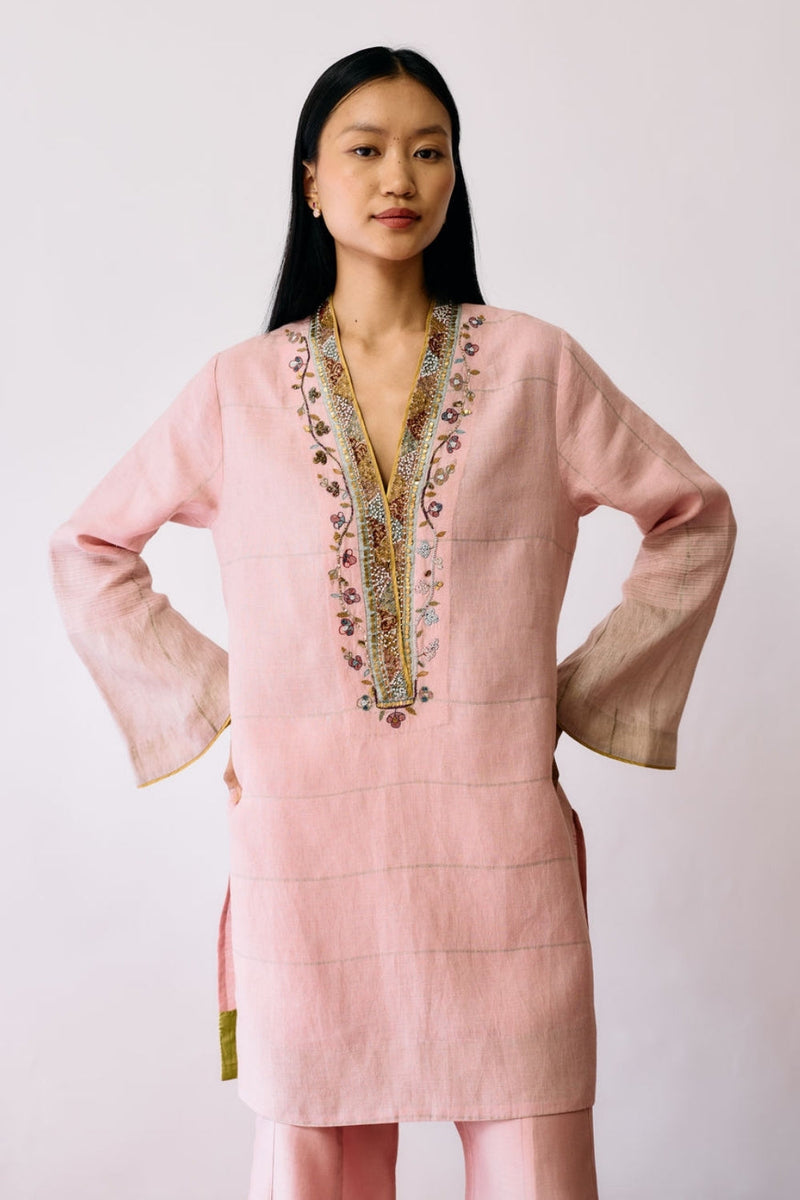 Naar Hand-Embroidered Metallic Kurta-Pink linen kurta/kurta set by Manan in pink for women in Singapore