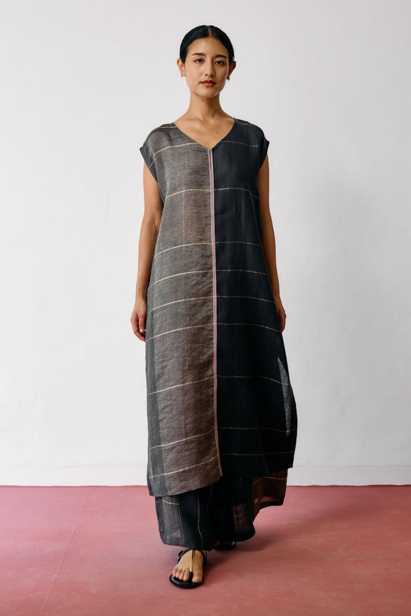 Rira Metallic Linen Long Tunic-Charcoal linen kurta/kurta set by Manan in black for women in Singapore
