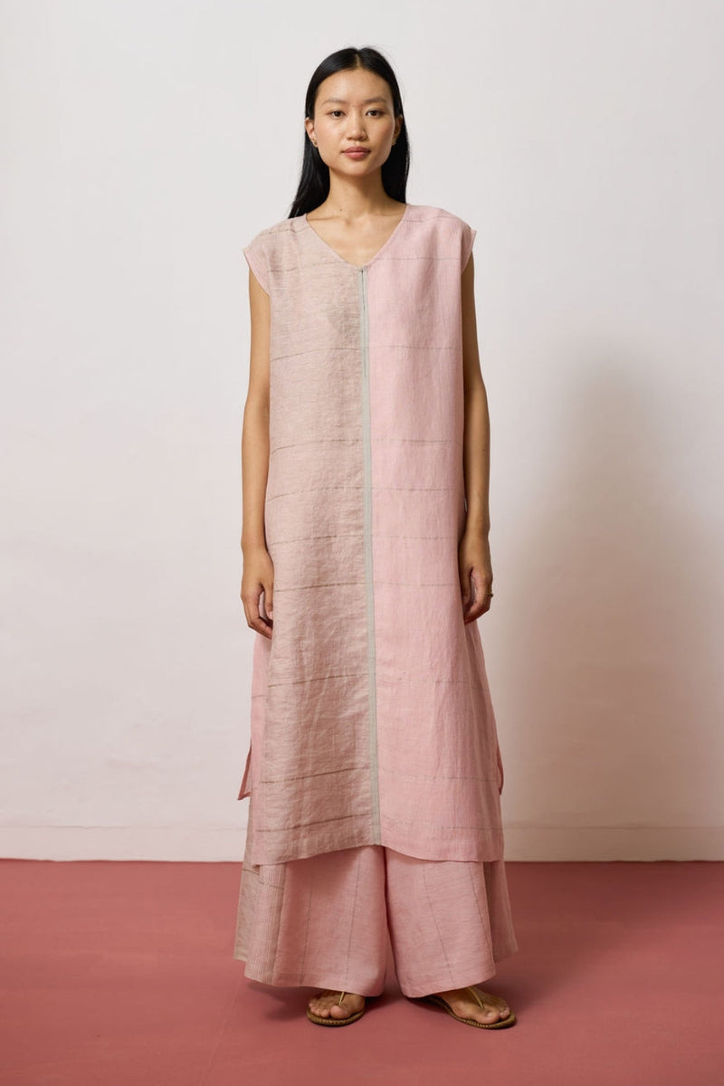 Rira Metallic Linen Long Tunic-Pink linen kurta/kurta set by Manan in pink for women in Singapore