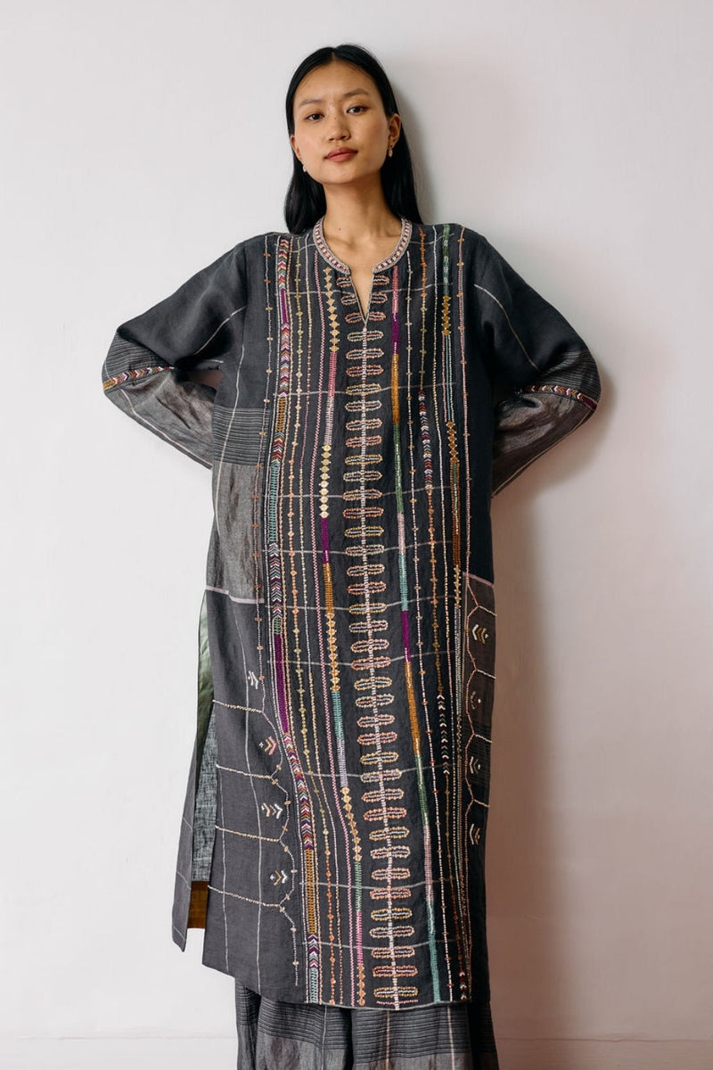 Aicha Hand-Embroidered Panelled Kurta-Charcoal linen kurta/kurta set by Manan in black for women in Singapore