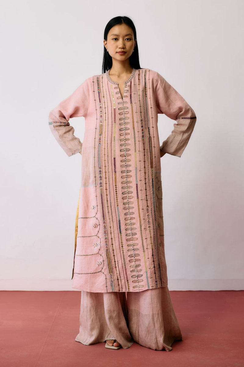 Aicha Hand-Embroidered Panelled Kurta-Pink linen kurta/kurta set by Manan in pink for women in Singapore