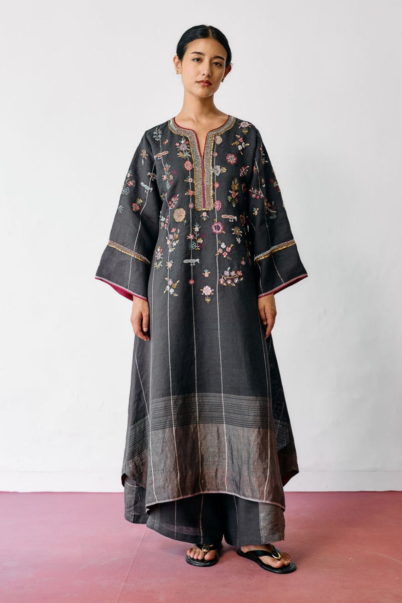 Ura Hand-Embroidered Metallic Linen Kurta-Charcoal linen kurta/kurta set by Manan in black for women in Singapore