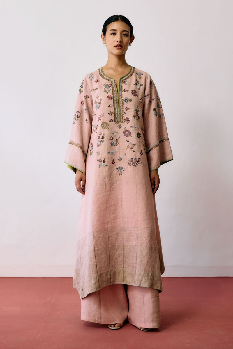 Ura Hand-Embroidered Metallic Linen Kurta-Pink linen kurta/kurta set by Manan in pink for women in Singapore