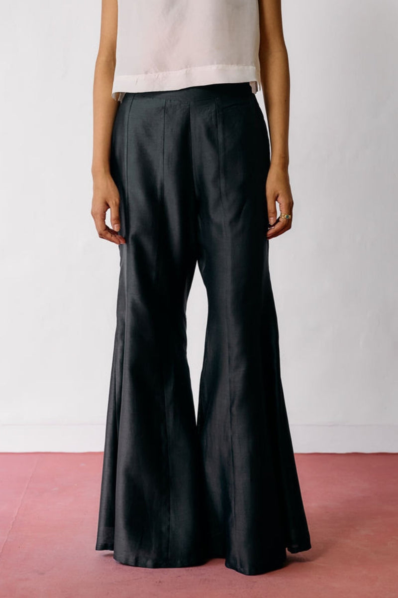 Reva Silk Chanderi Sharara Pants-Charcoal silk chanderi pant/trousers by Manan in black for women in Singapore
