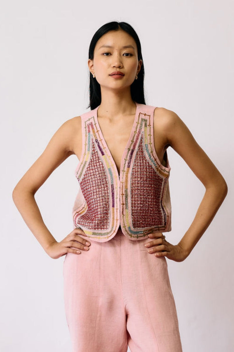 Kaya Hand-Embroidered Vest-Pink linen jacket/overlay by Manan in pink for women in Singapore