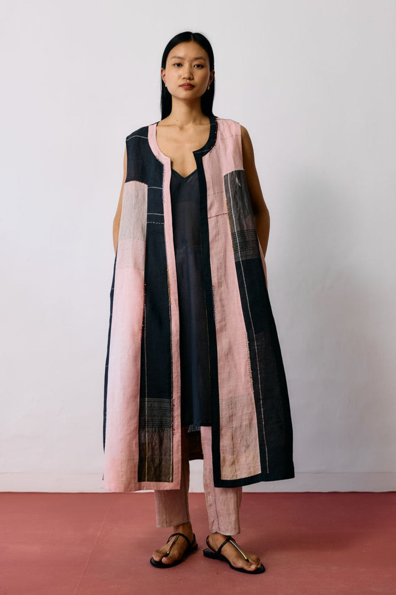 Shal Patchwork Linen Sleeveless Jacket linen jacket/overlay by Manan in pink, black for women in Singapore
