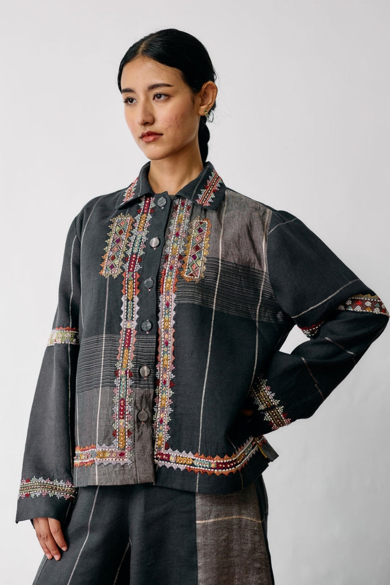 Zuri Hand-Embroidered Metallic Jacket-Charcoal linen jacket/overlay by Manan in black for women in Singapore