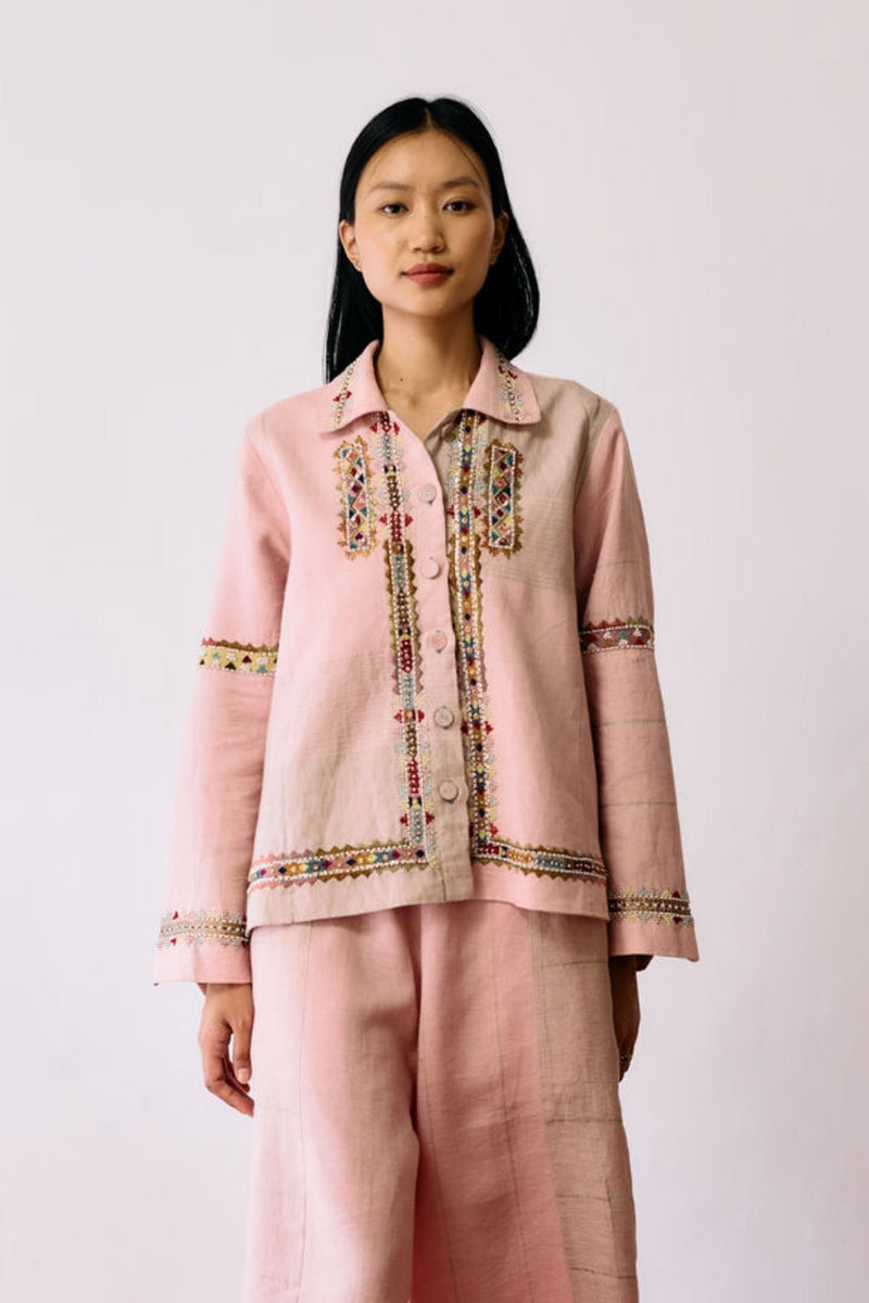 Zuri Hand-Embroidered Metallic Jacket-Pink linen jacket/overlay by Manan in pink for women in Singapore