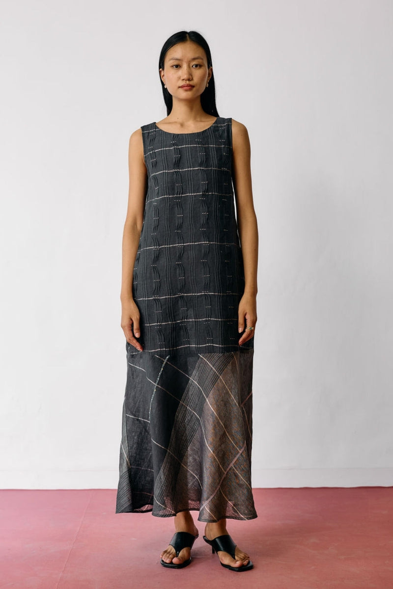 Dana Pintuck & Pleat Sleeveless Dress-Charcoal linen dress by Manan in black for women in Singapore