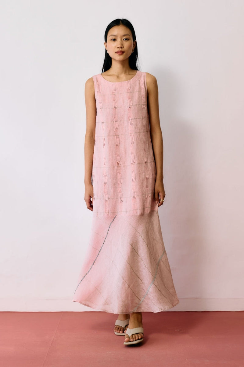 Dana Pintuck & Pleat Sleeveless Dress-Pink linen dress by Manan in pink for women in Singapore