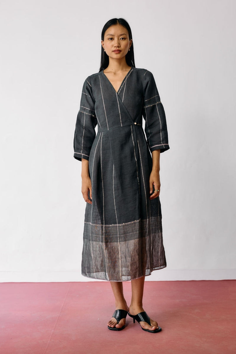Raya Metallic Linen Wrap dress-Charcoal linen dress by Manan in black for women in Singapore