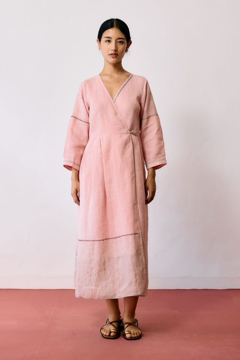 Raya Metallic Linen Wrap dress-Pink linen dress by Manan in pink for women in Singapore