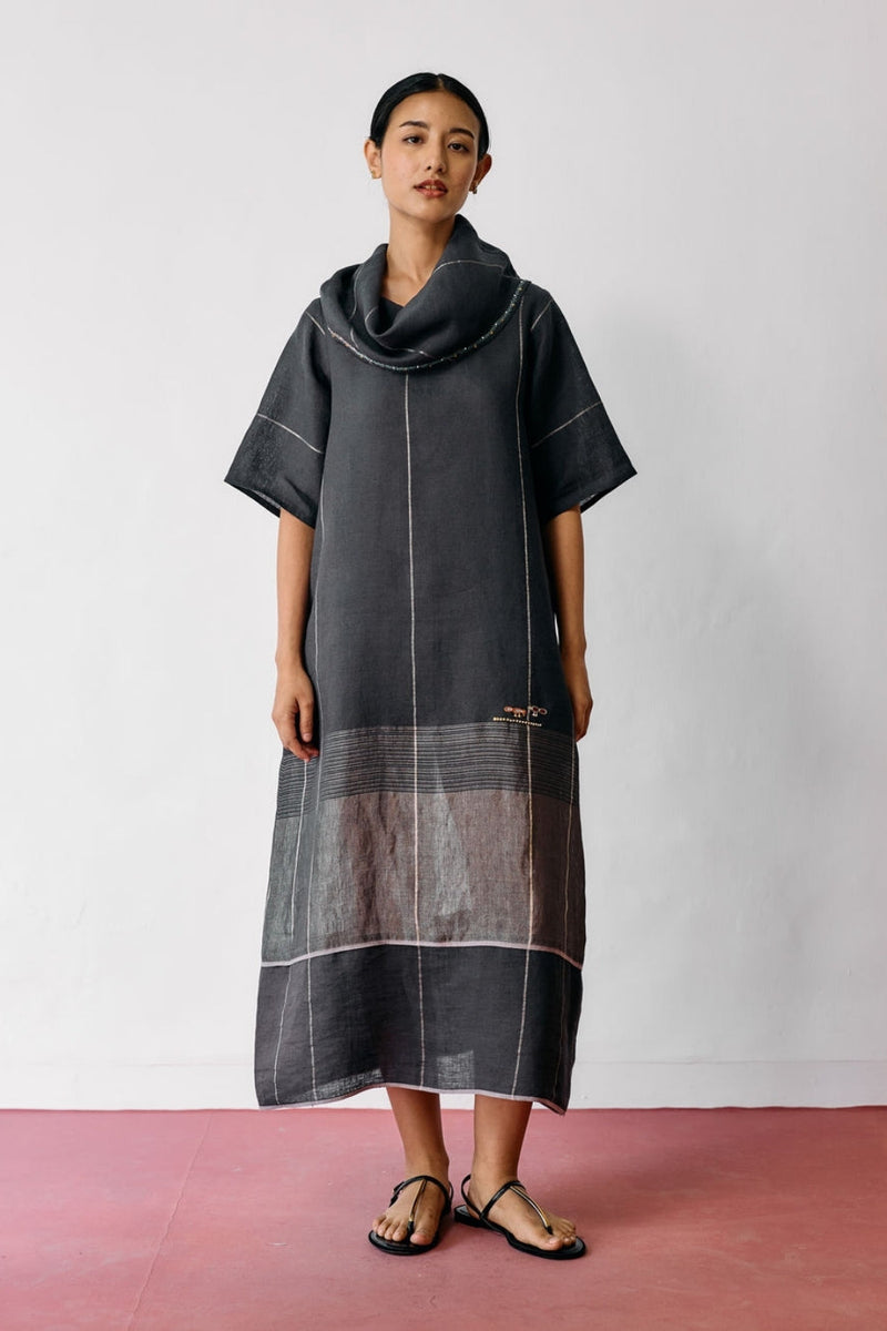 Zaran Cowl Neck Metallic Dress-Charcoal linen dress by Manan in black for women in Singapore