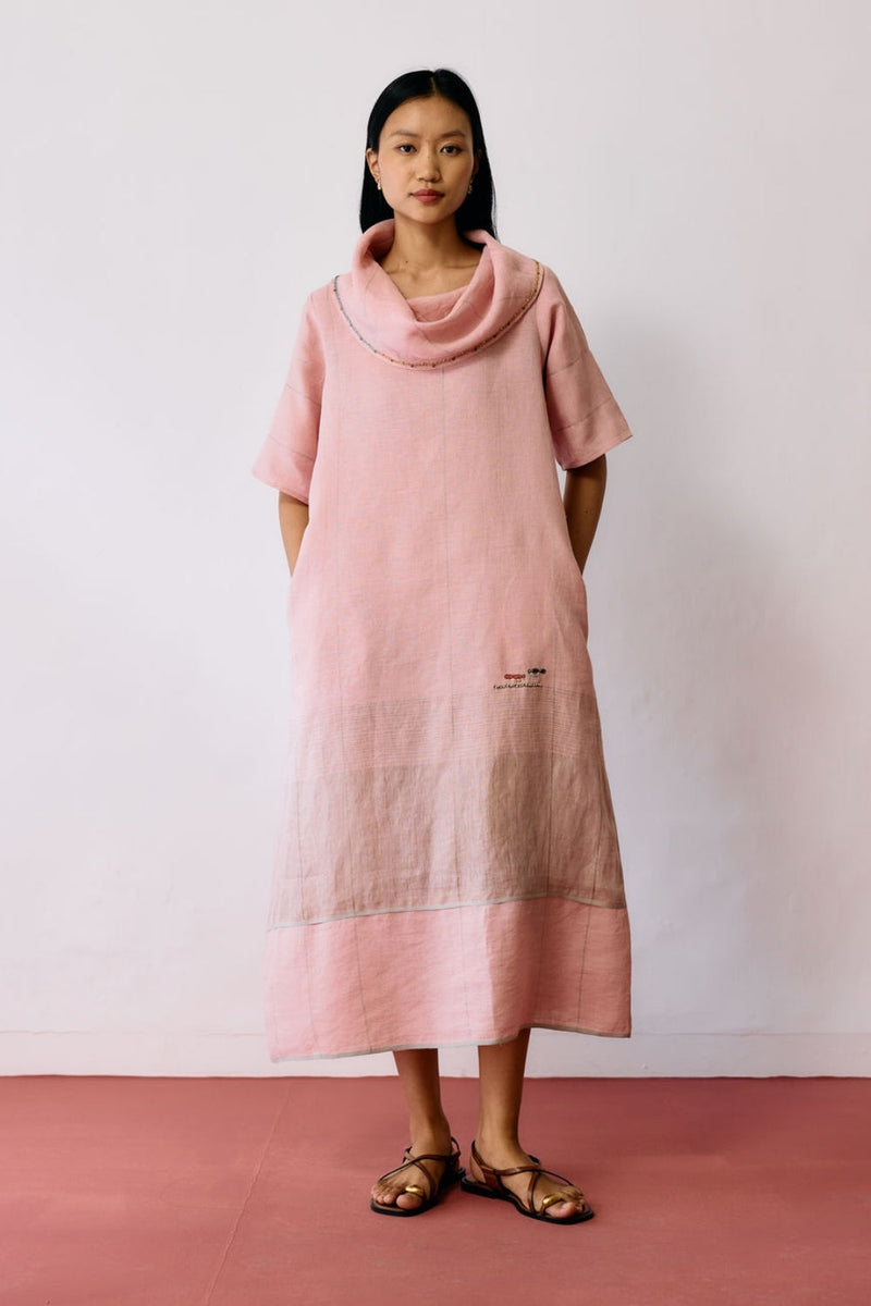 Zaran Cowl Neck Metallic Dress-Pink linen dress by Manan in pink for women in Singapore